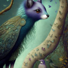 Mythical creature with fox head and bird body perches on tree branches with bird and butterflies.