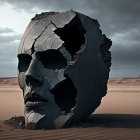 Fragmented Human Head Sculpture in Desert Landscape