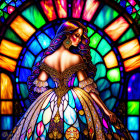 Illustrated woman in ornate dress by vibrant stained glass window