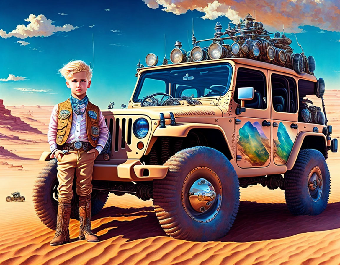 Young boy poses next to modified Jeep in desert scenery