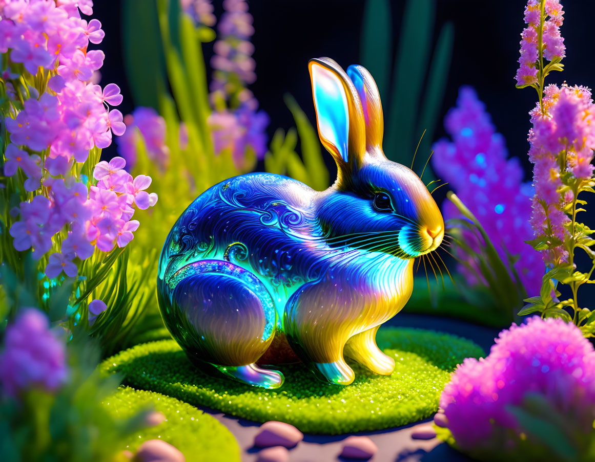 Colorful Rabbit Artwork with Swirling Blue Coat and Purple Flowers