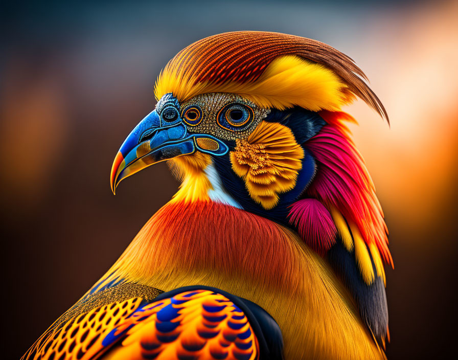 Colorful Bird Portrait with Blue Beak and Detailed Feathers on Warm Background