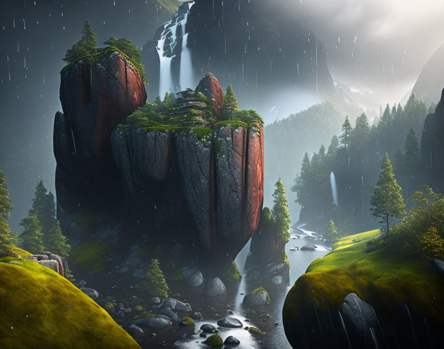 Mystical landscape with waterfall, rocks, greenery, rain, and light.