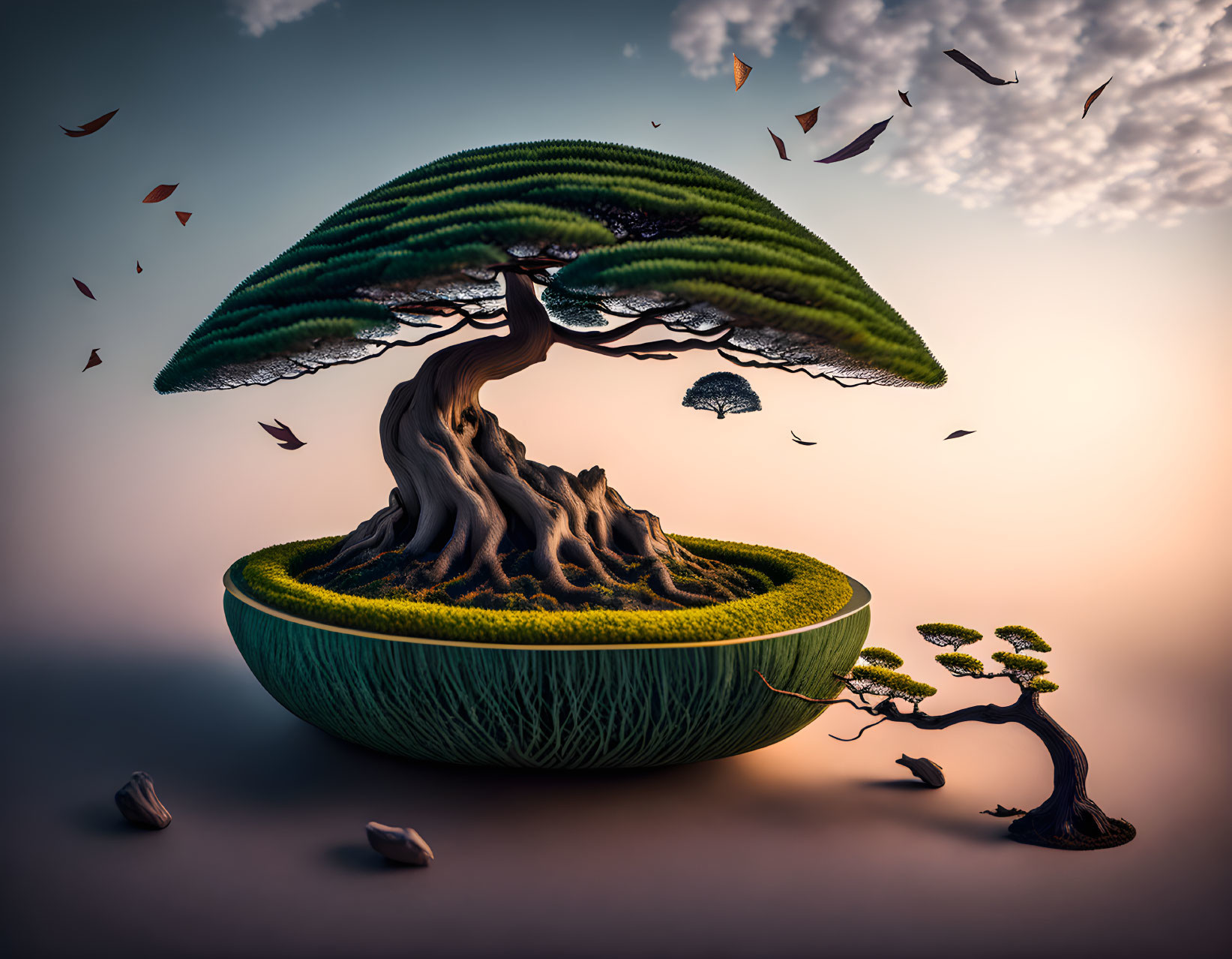 Whimsical tree with umbrella canopy on floating island at sunset