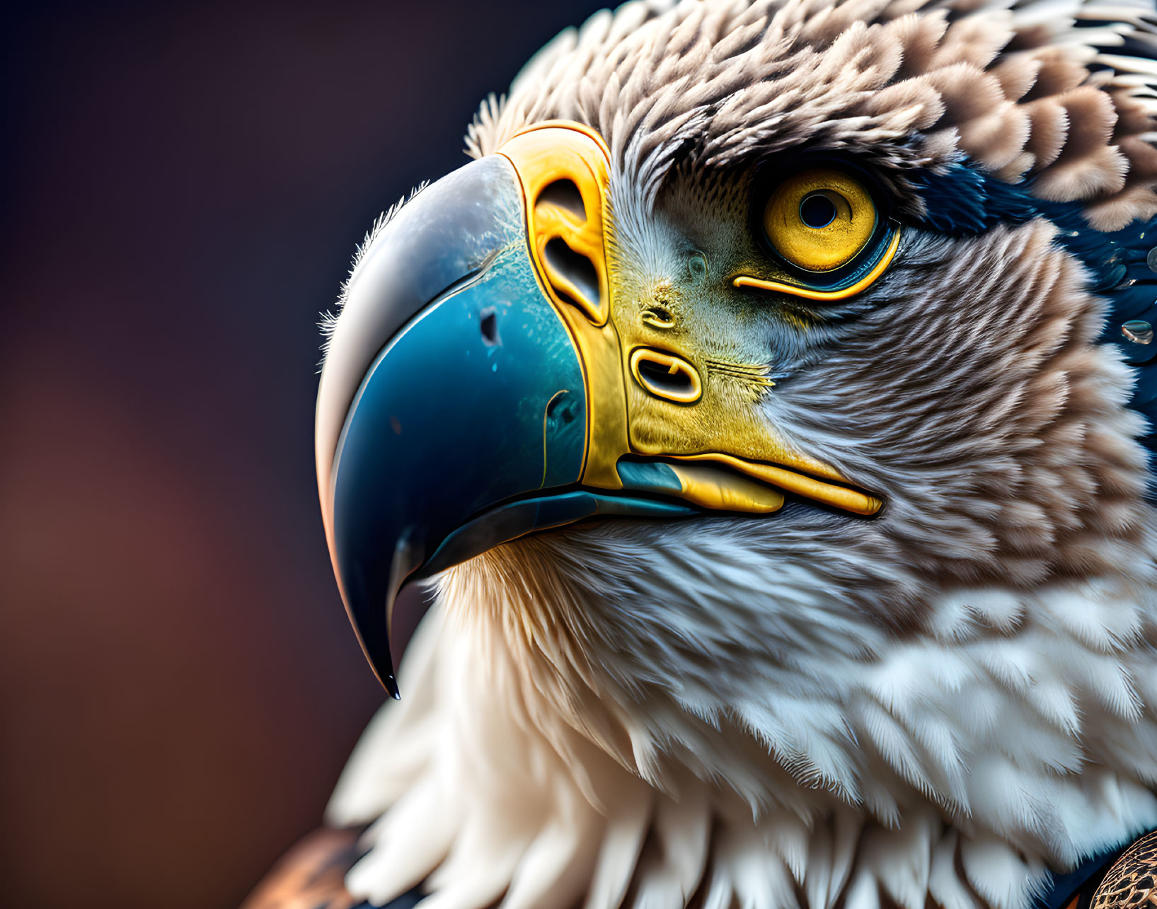 Detailed close-up of eagle's sharp beak and intense yellow eye