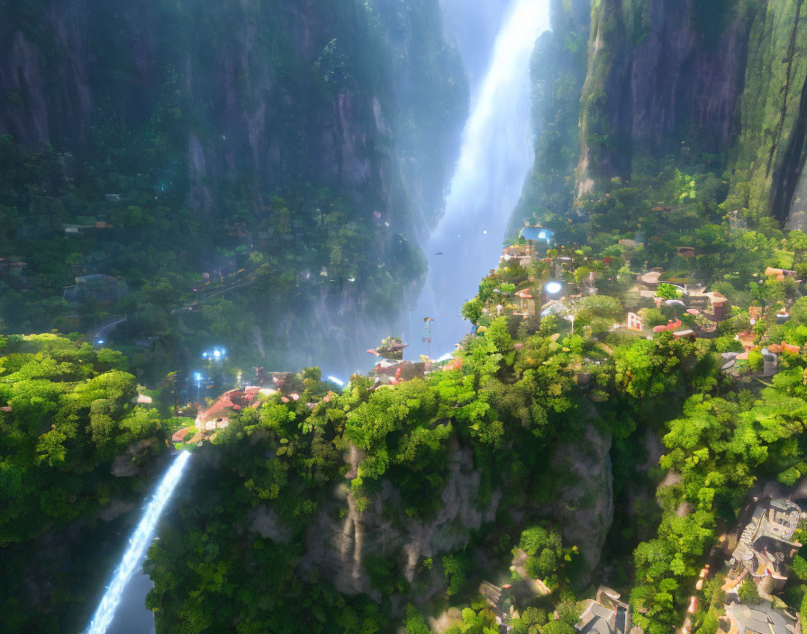 Cascading waterfall in lush greenery with village on cliffs