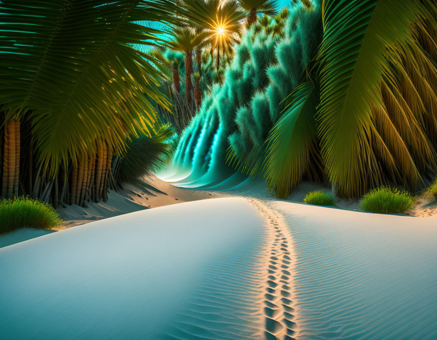 Sunburst through palm leaves over serene desert oasis with greenery, blue waters, and sand dunes