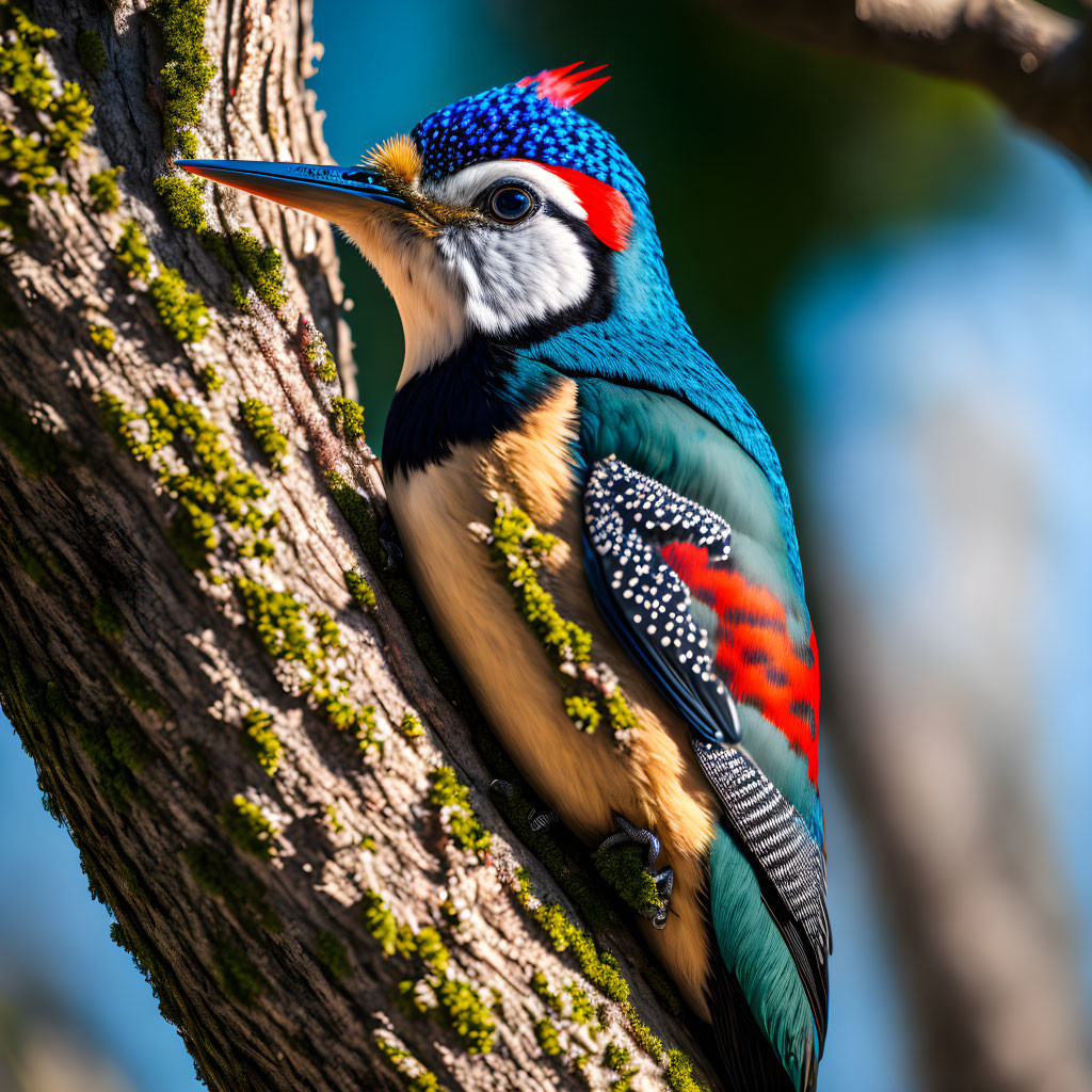 Colorful Kingfisher with Blue and Red Plumage on Tree Trunk