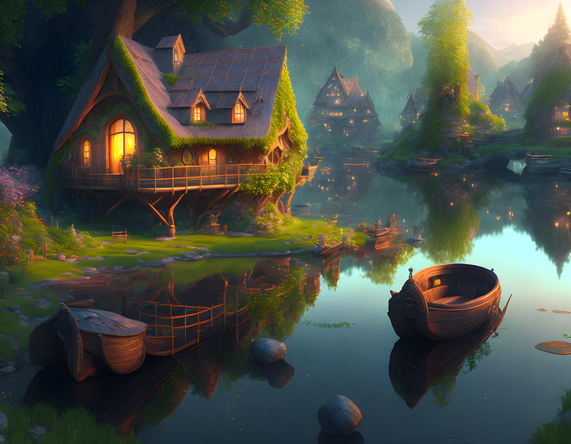 Tranquil sunset scene of fantasy village by lake