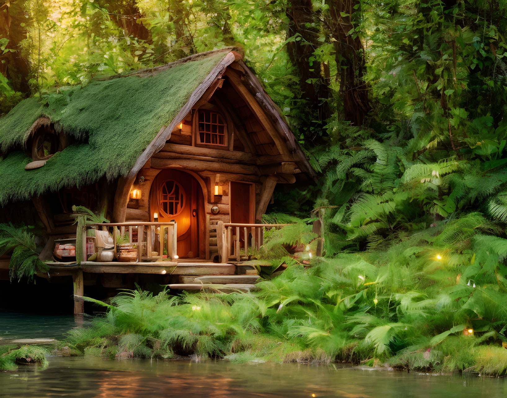 Thatched Roof Wooden Cottage in Forest Stream Twilight