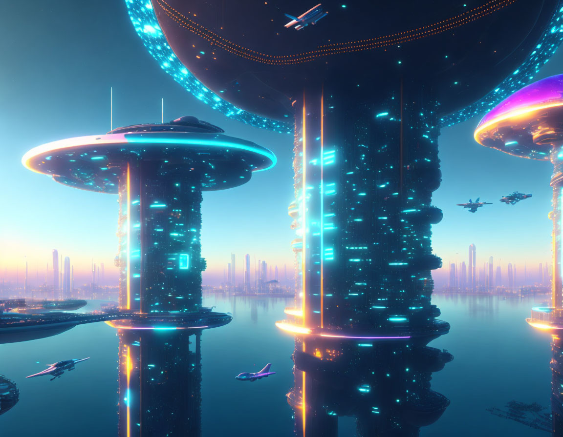 Futuristic cityscape with illuminated skyscrapers and flying vehicles