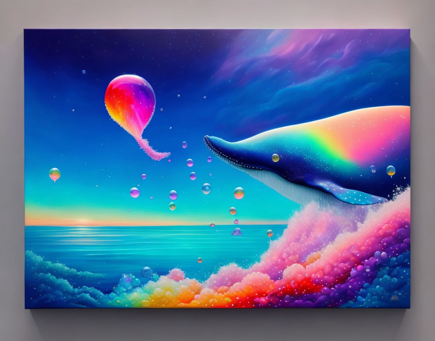 Whimsical painting of rainbow-hued whale in vibrant scene