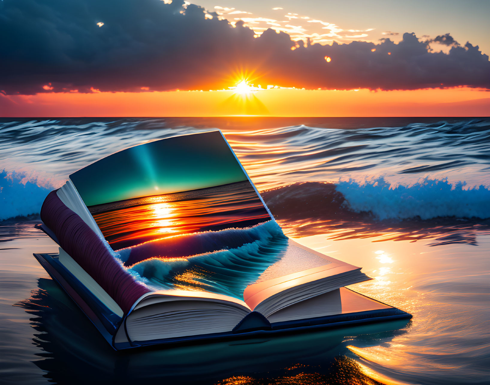 Book with Pages Blending into Ocean Waves at Sunset
