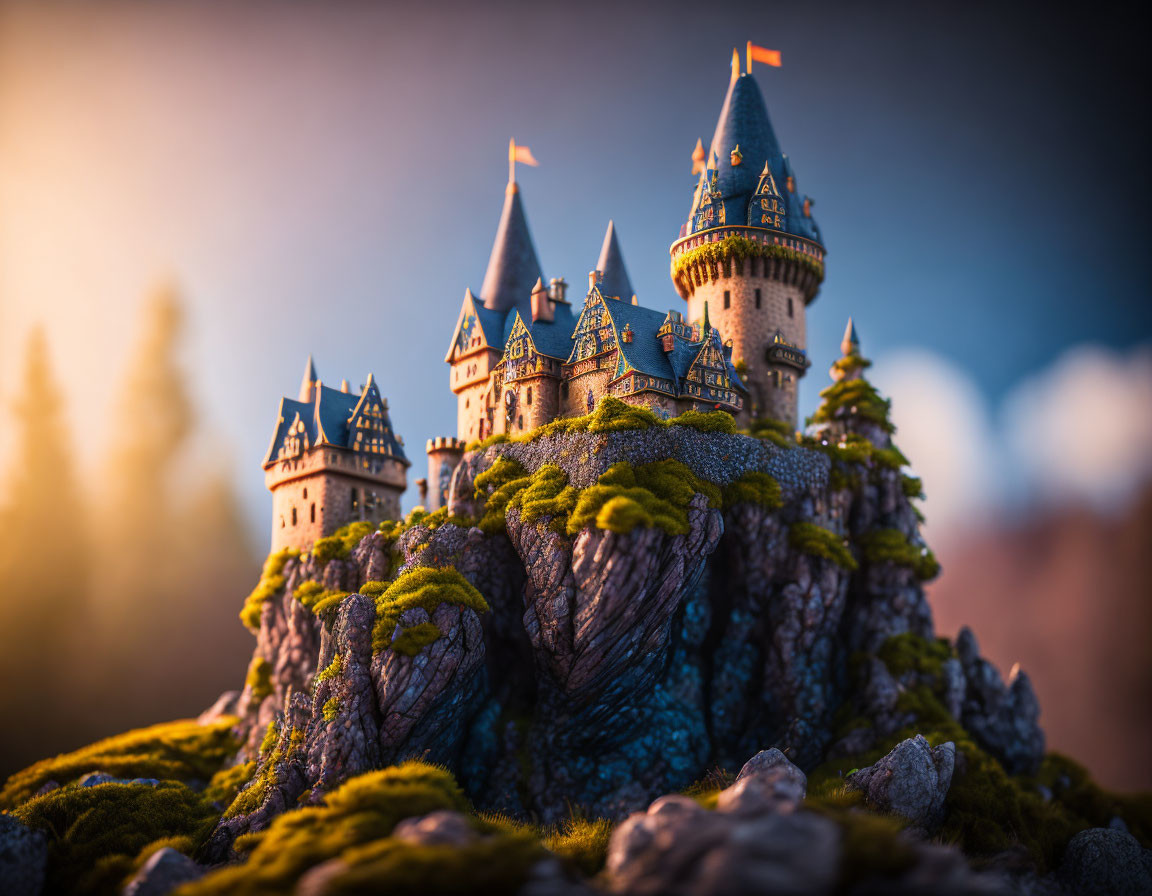 Miniature fairy-tale castle on mossy outcrop in sunlight