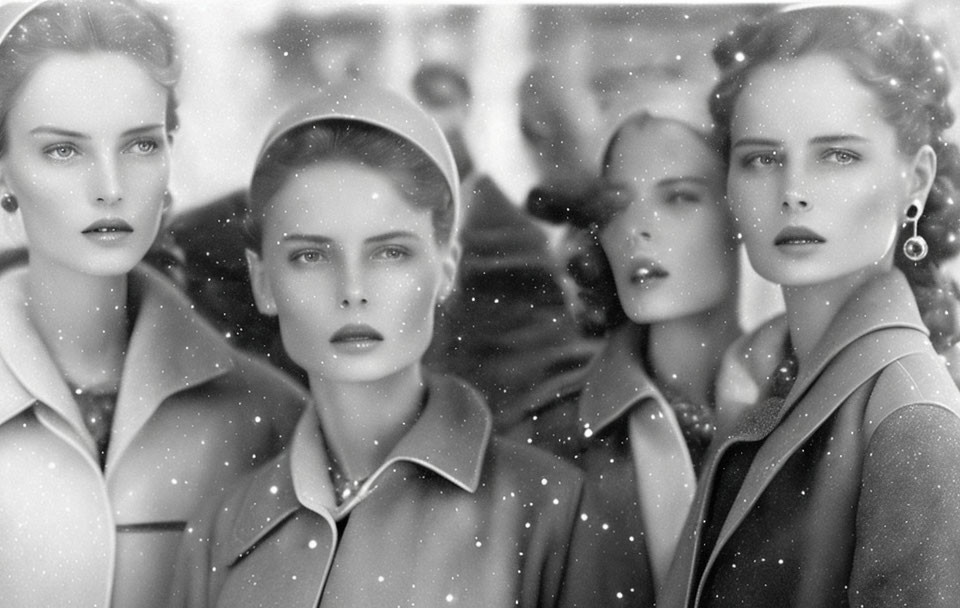Vintage styled black and white photo of four identical women with snowflake effects