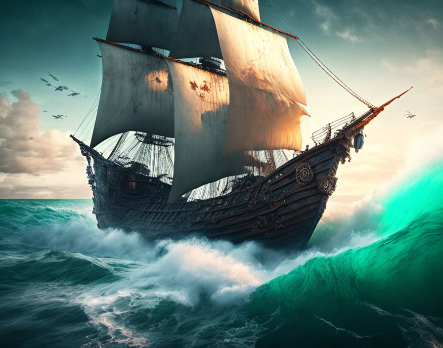 Majestic sailing ship with tattered sails in turbulent sea waves