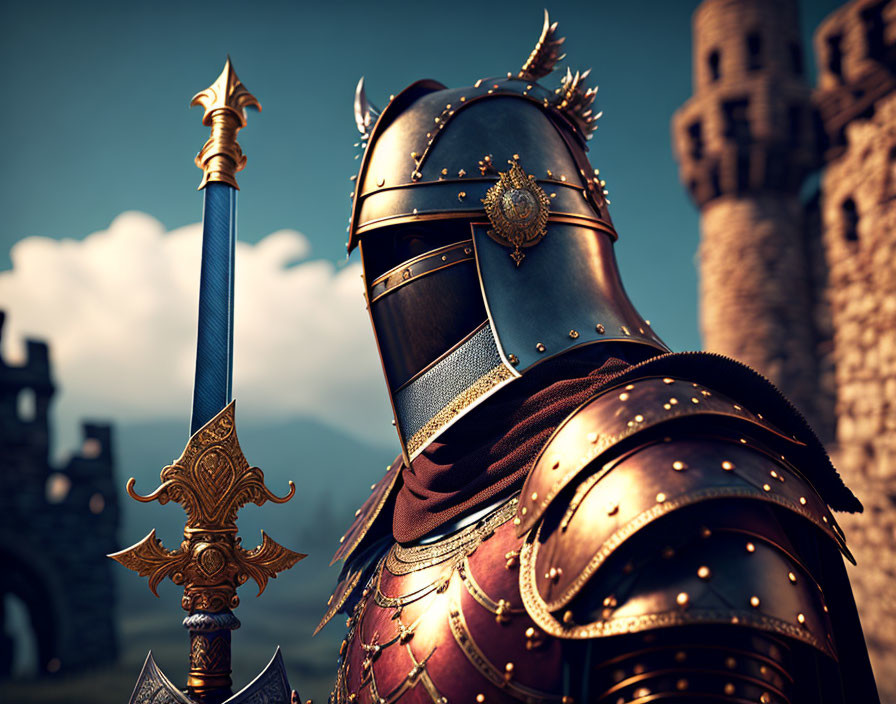 Ornate armored knight with sword against castle walls