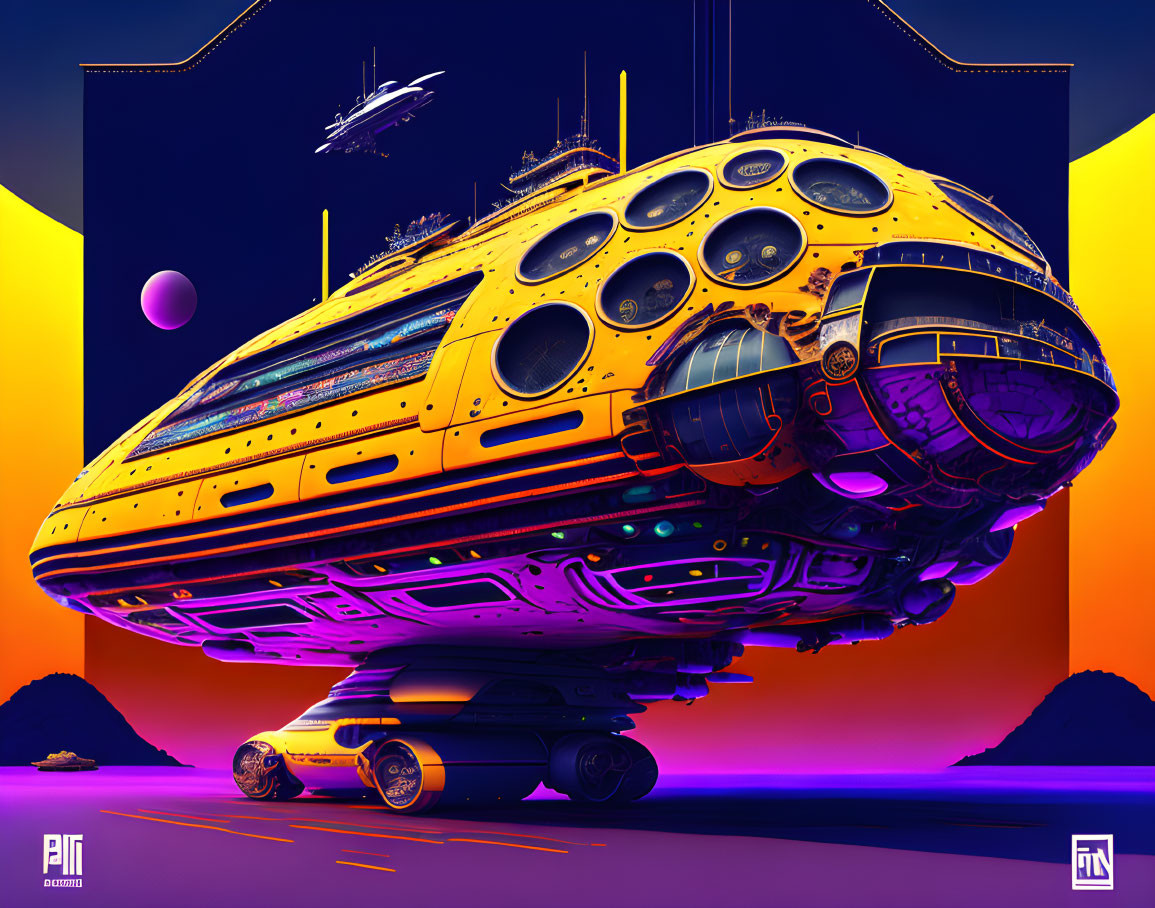 Yellow futuristic spaceship on platform in purple and orange sky