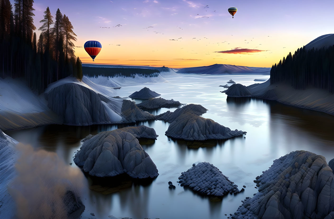 Tranquil dusk landscape with hot air balloons over river and hills