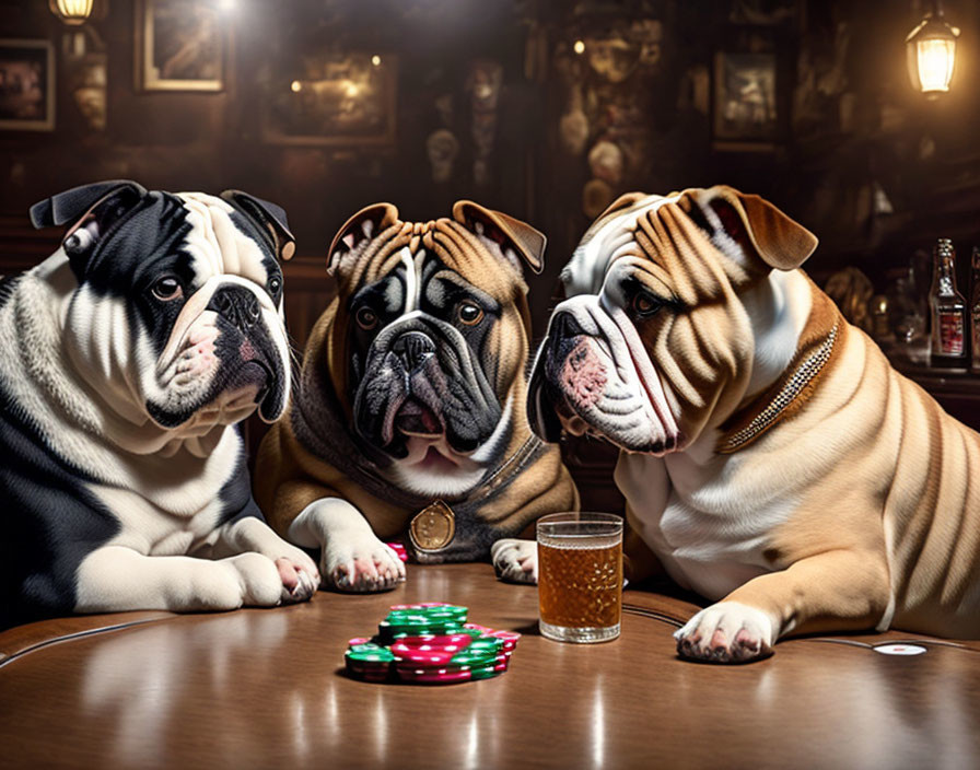 Bulldogs Playing Poker with Chips and Beer