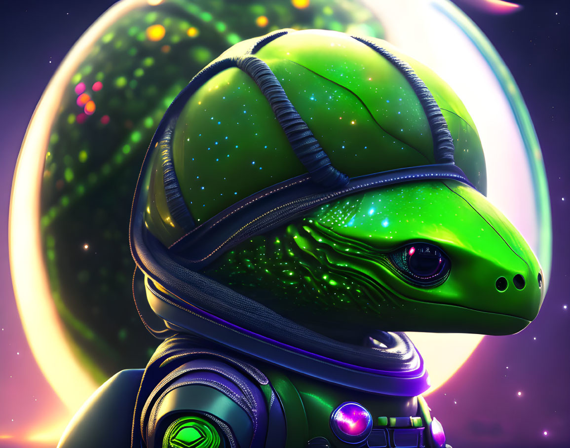 Colorful Anthropomorphic Lizard Astronaut in Cosmic Scene