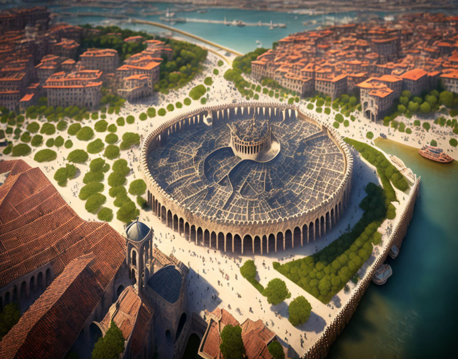Digital reconstruction of ancient Roman Colosseum in scenic setting