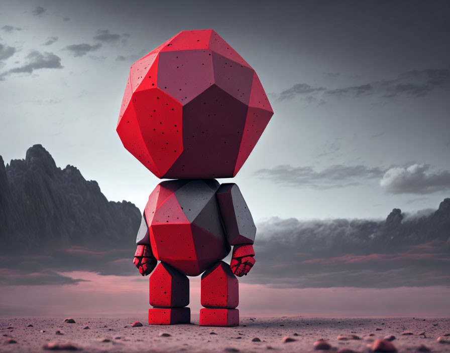 Geometric red figure on rocky terrain under cloudy sky