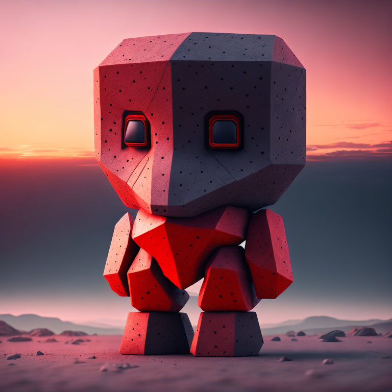 Stylized polygonal robot in red landscape with sunset sky