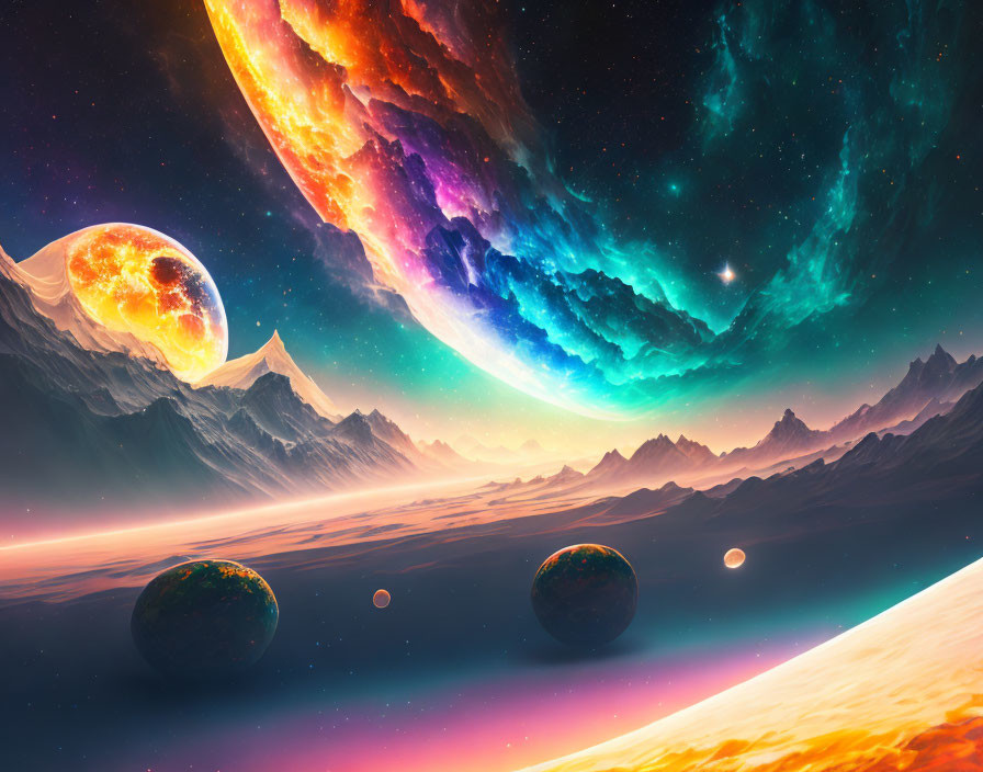 Colorful Nebulae and Planets Over Mountainous Landscape