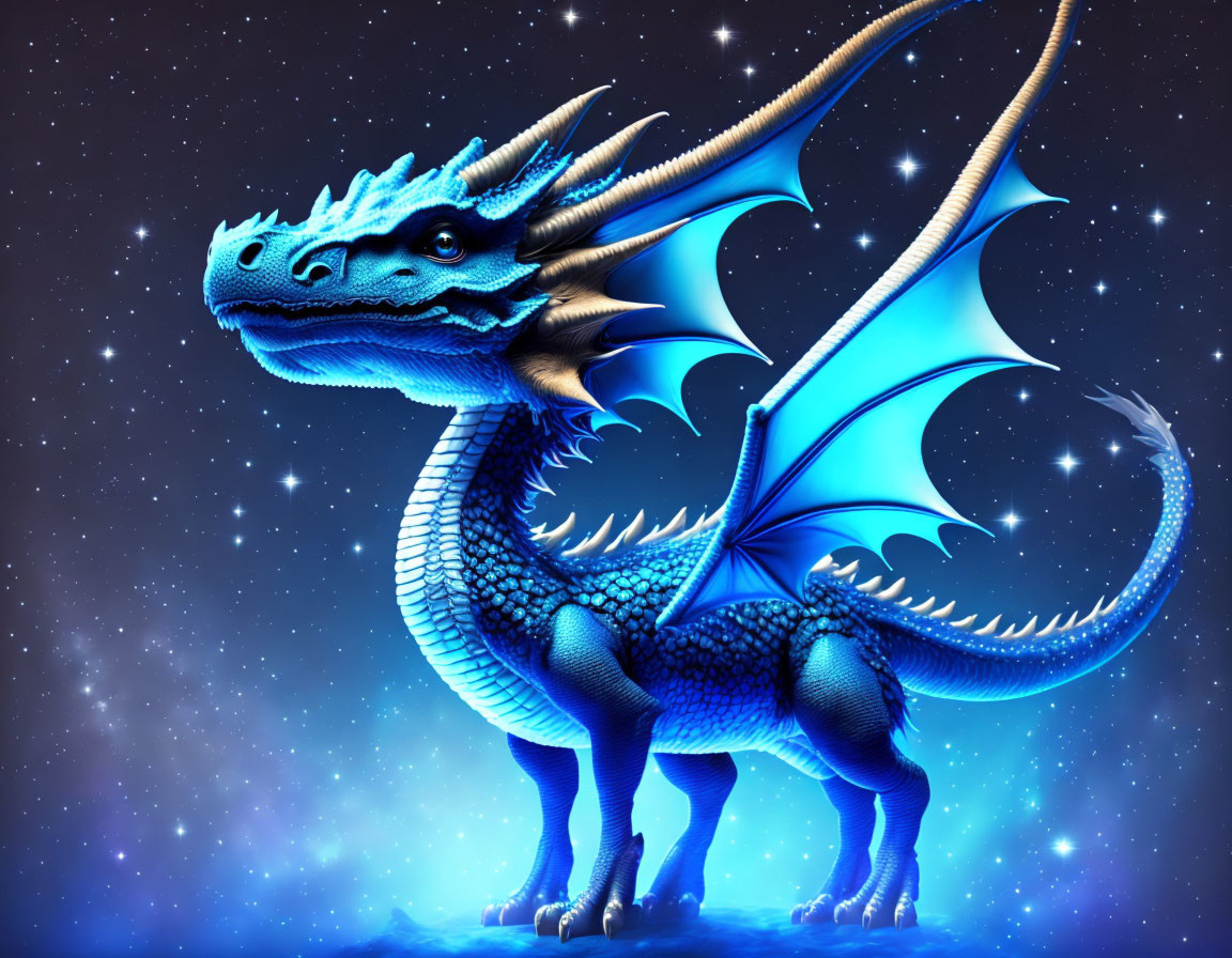 Blue dragon with expansive wings and sharp spikes under starry night sky