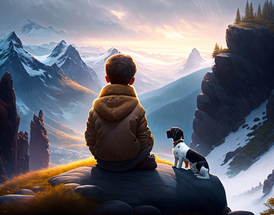 Boy and dog on rock at sunrise in mountain valley with light rain