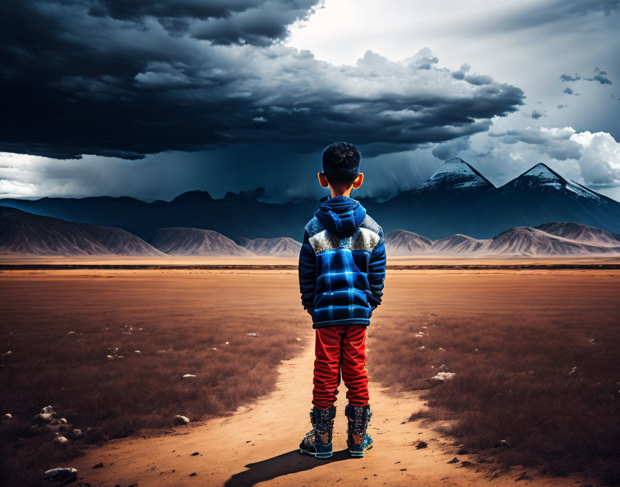 Child standing in barren landscape under stormy sky and distant mountains