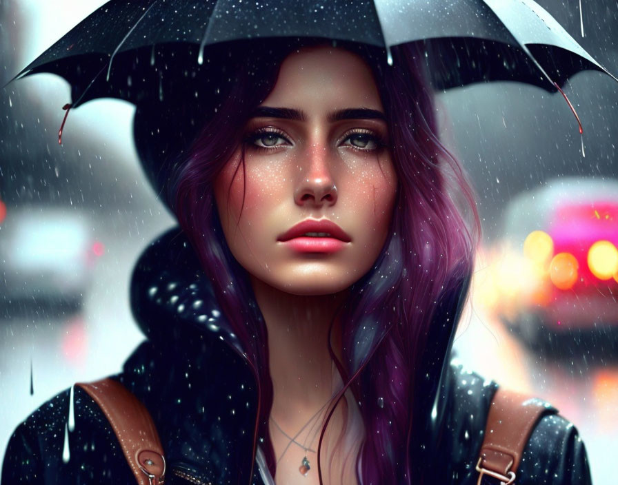Digital Artwork: Young Woman with Purple Hair and Umbrella in Rainy Cityscape