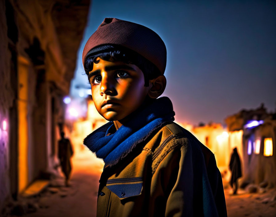 Young boy in cap and jacket outdoors at twilight with warm lights and buildings.