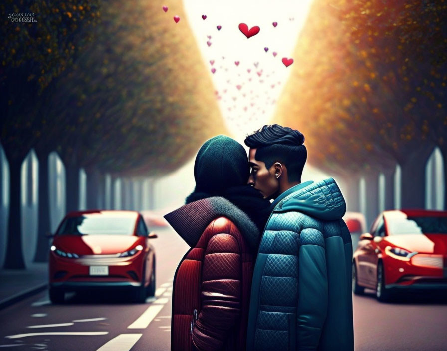 Romantic kiss on street with heart shapes and cars passing by