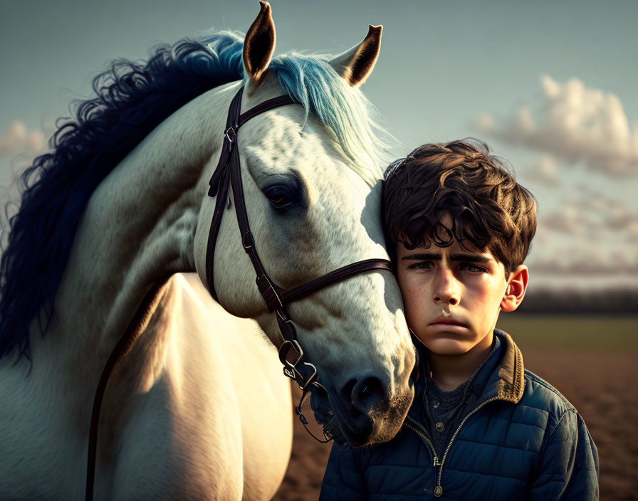 Young boy with dark hair beside white horse with blue highlights, both contemplative against dusky sky