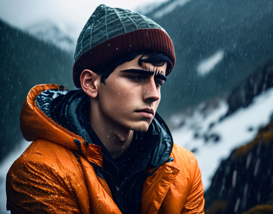 Young man in orange jacket and green beanie in snow with blurred mountains.