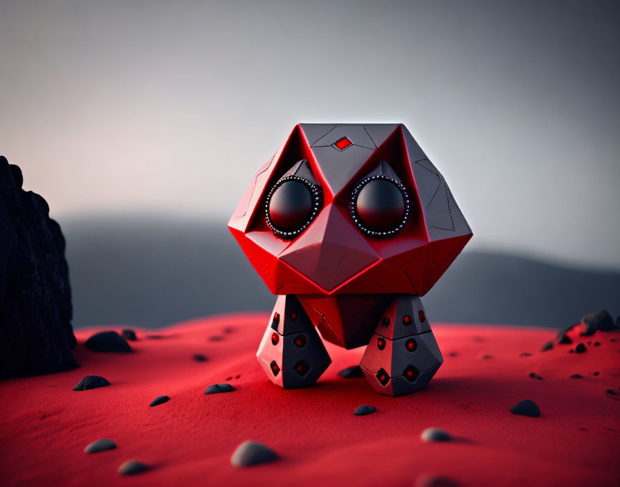 Geometric red creature with black eyes on rocky surface against cliffs