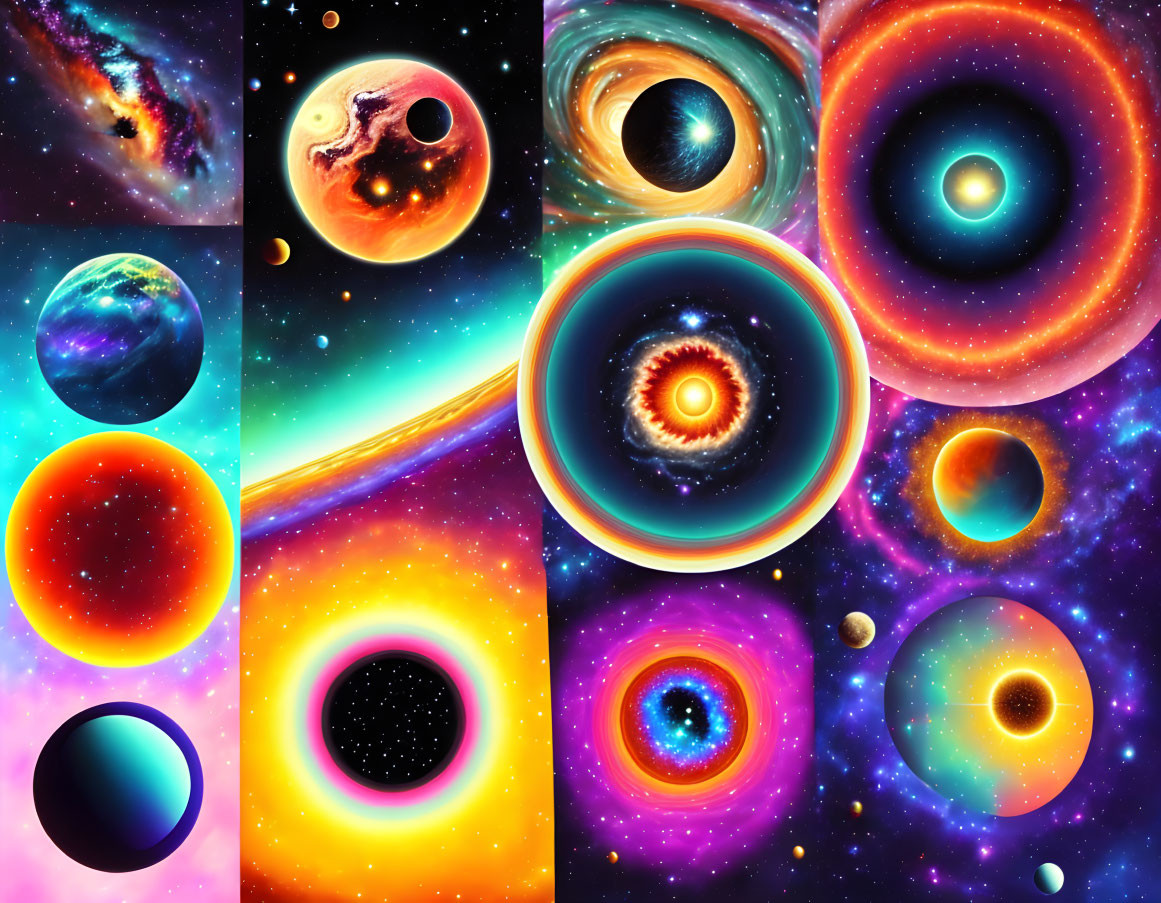 Colorful celestial bodies and cosmic phenomena collage.