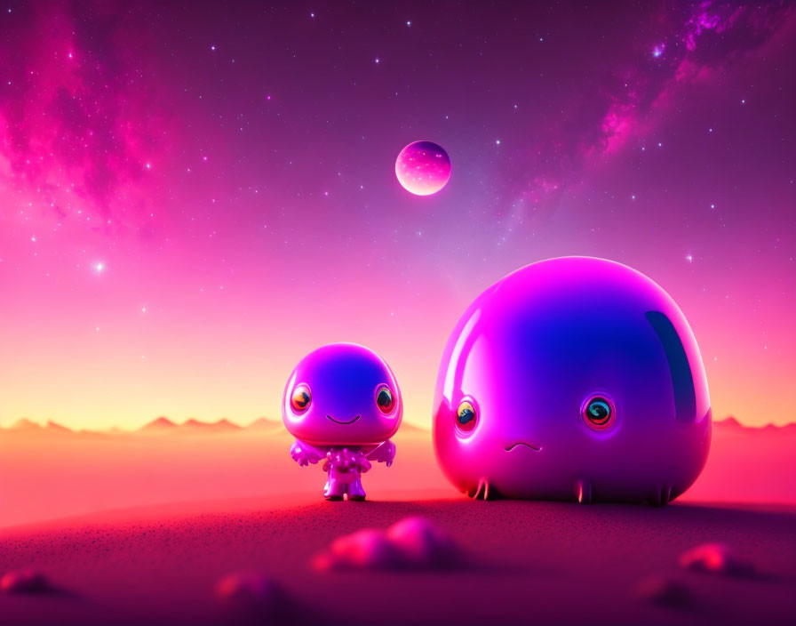 Two glossy alien creatures on sandy terrain under a purple starry sky