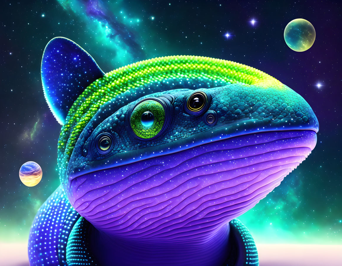 Colorful Stylized Lizard with Multiple Eyes in Cosmic Setting