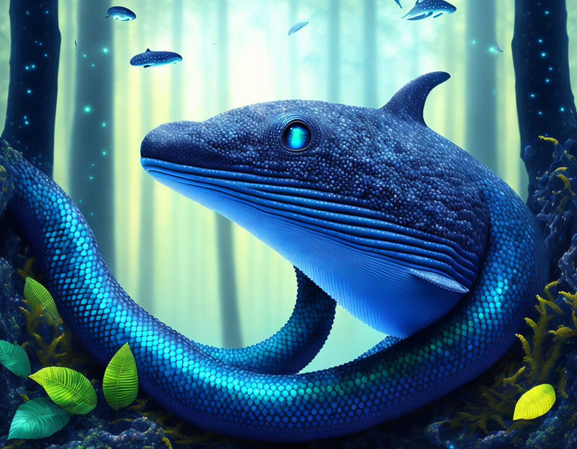 Blue serpent-like creature with whale's head in underwater scene with fish and coral.