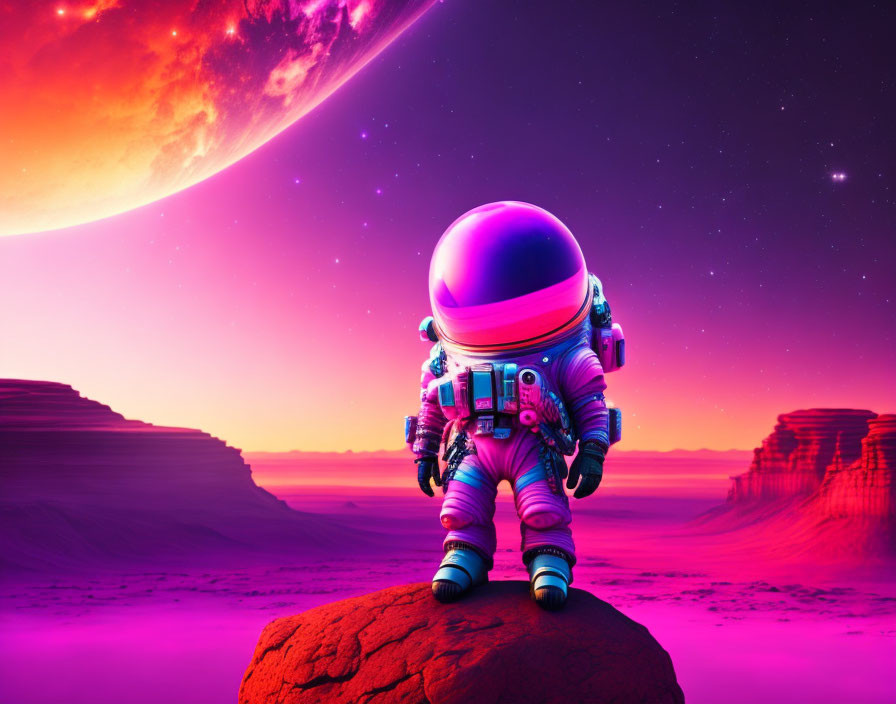 Astronaut on rocky surface with large planet in vivid sky