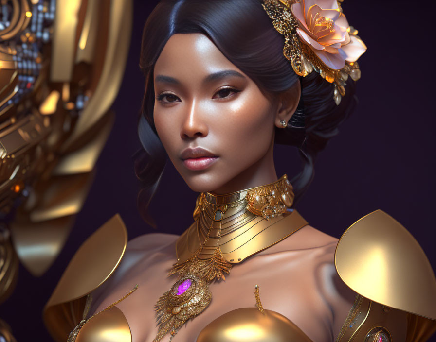 Stylized portrait of woman with golden jewelry and floral accents in luxurious setting