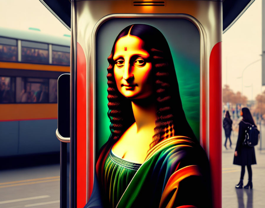 Digitally altered Mona Lisa with bindi in modern cityscape