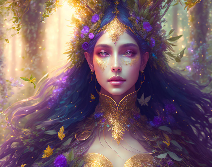 Ethereal female figure with violet eyes in mystical forest
