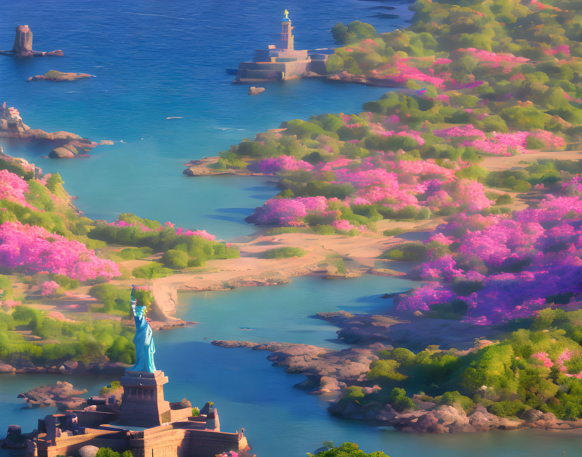 Fantasy landscape with towering statue, pink flora, serene river, and lighthouse