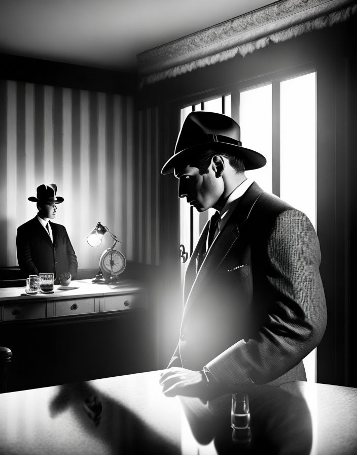Man in suit and fedora ponders in dramatic noir-style room