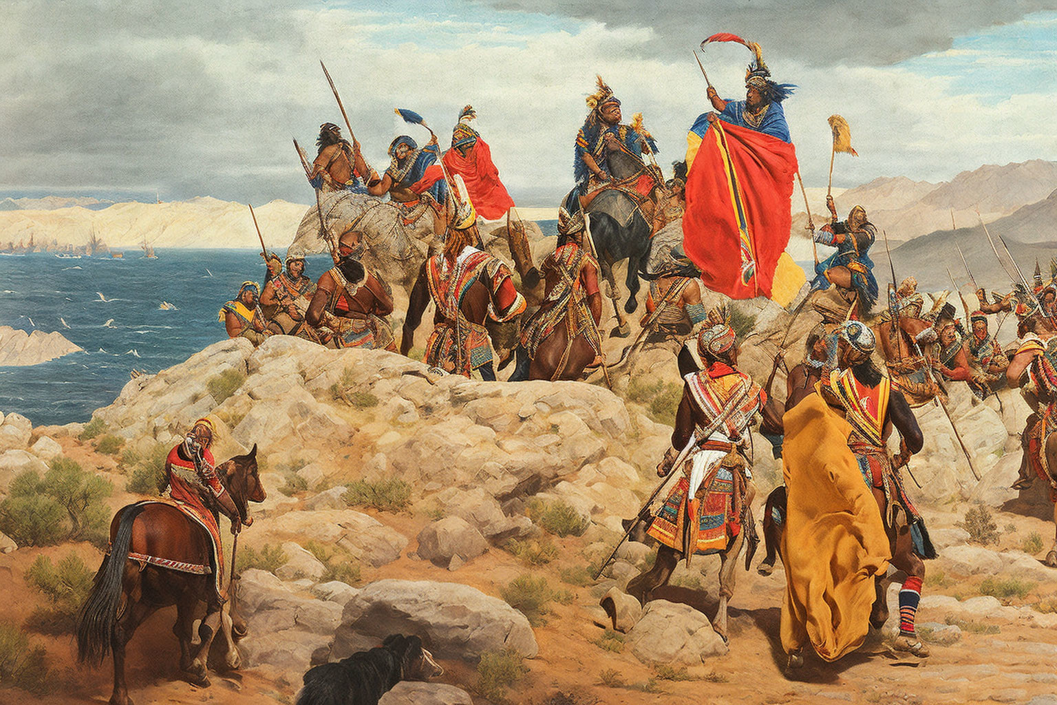 Historical painting of mounted soldiers with red banner on coastal landscape