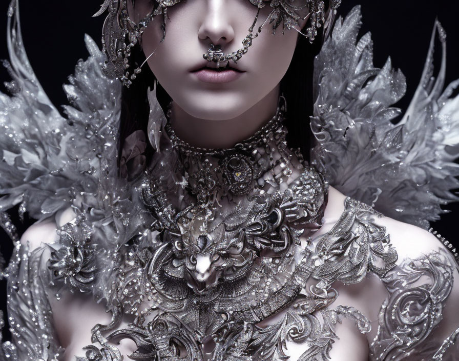Elaborate ornamental attire with metalwork jewelry and feathered accents.